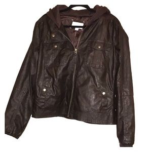 Brown leather jacket with cotton hood